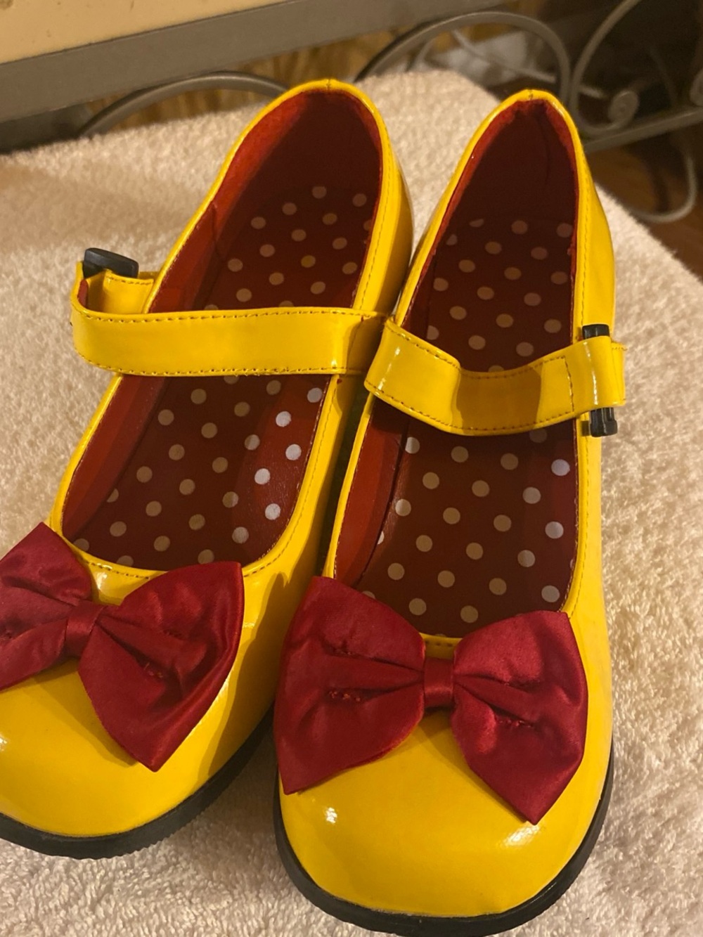 Source Unknown Bright Yellow Mary Janes with Red Bows